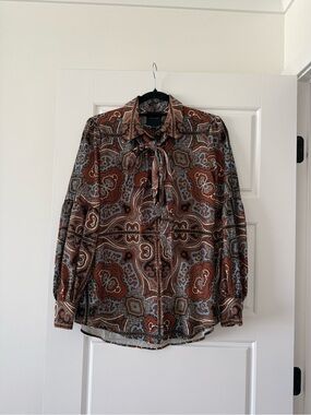 Alex Marie Paisley Tie-Neck Blouse in Rust and Slate Blue